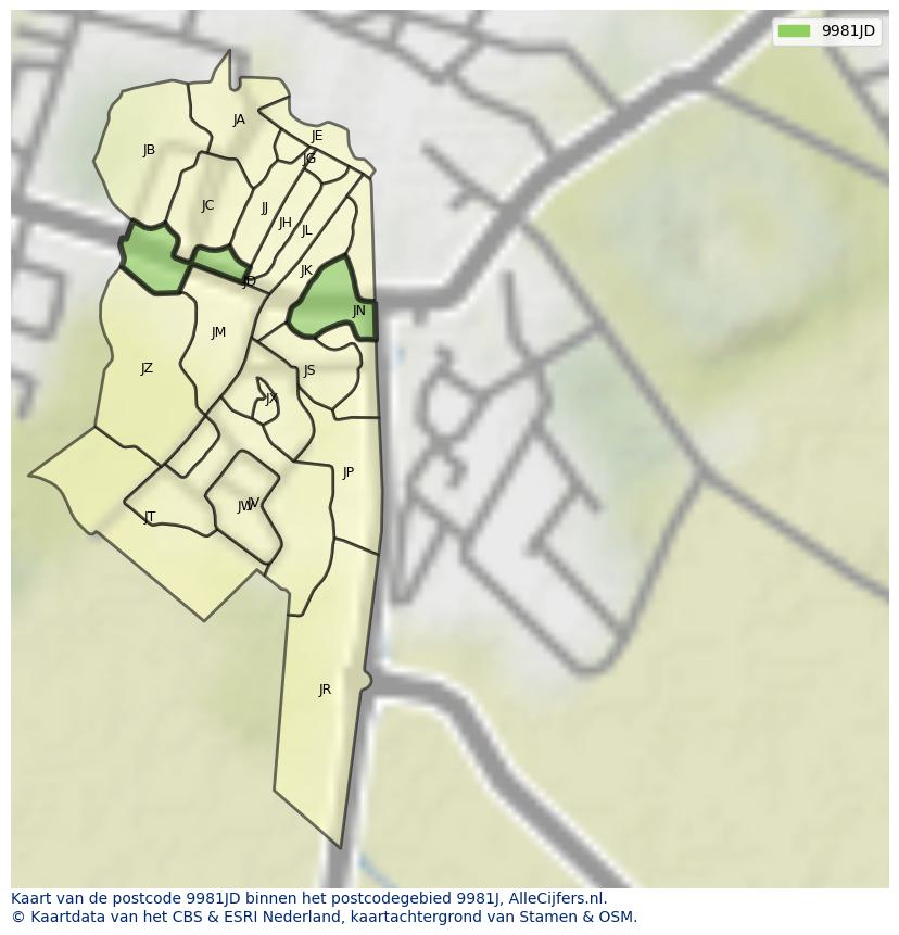Afbeelding van het postcodegebied 9981 JD op de kaart.