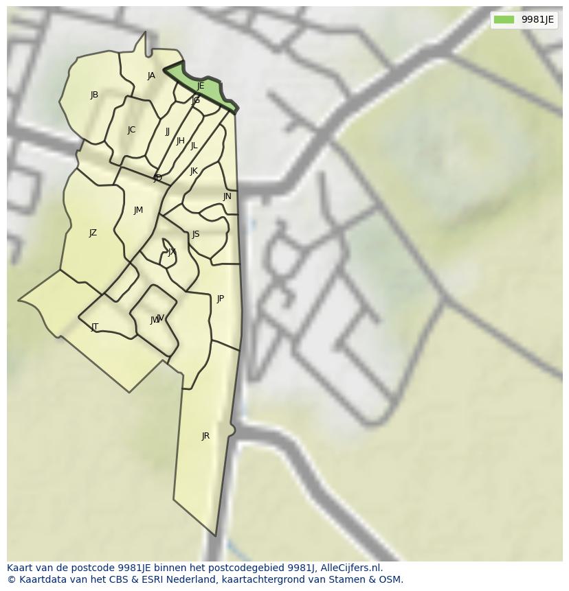 Afbeelding van het postcodegebied 9981 JE op de kaart.
