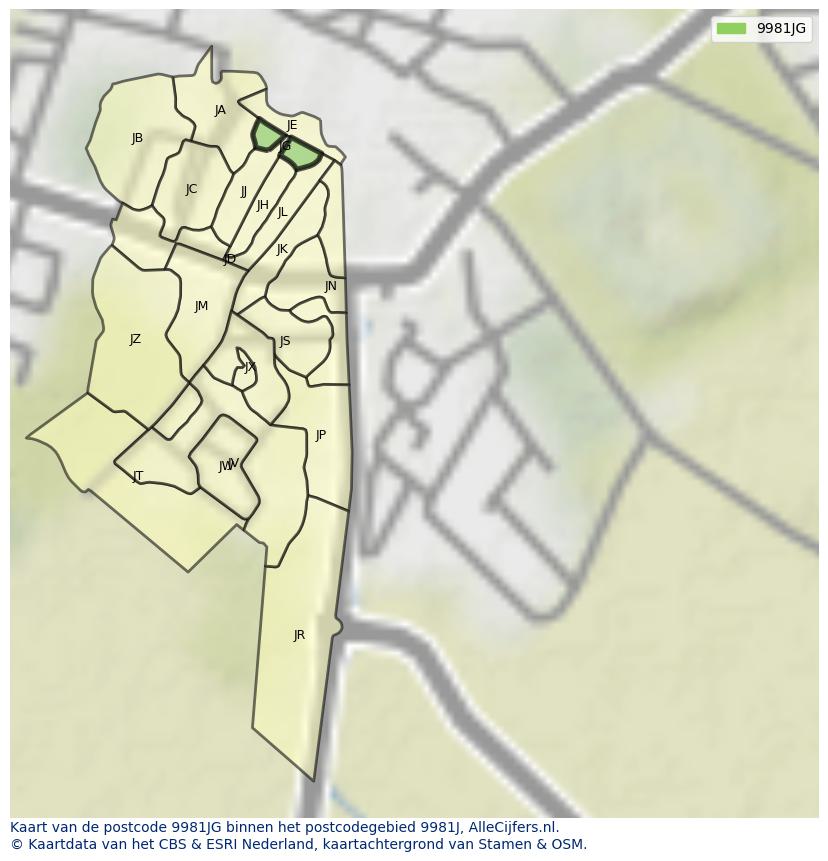 Afbeelding van het postcodegebied 9981 JG op de kaart.
