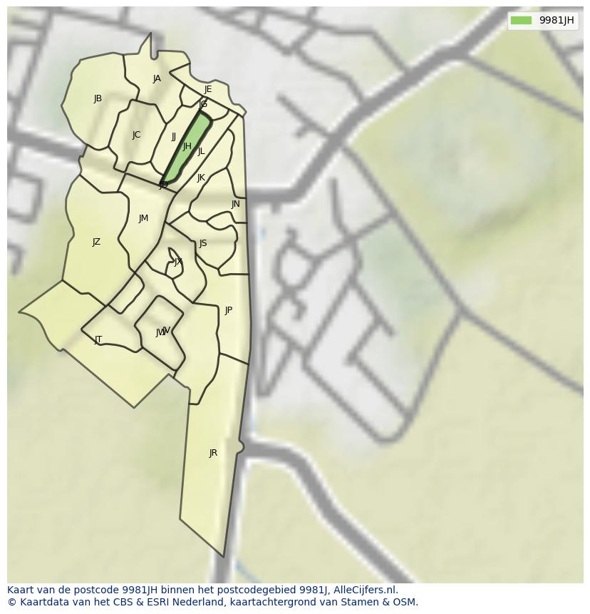 Afbeelding van het postcodegebied 9981 JH op de kaart.