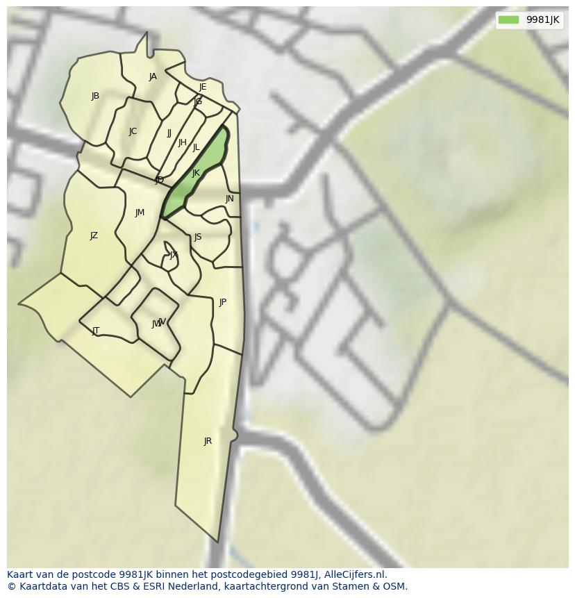 Afbeelding van het postcodegebied 9981 JK op de kaart.