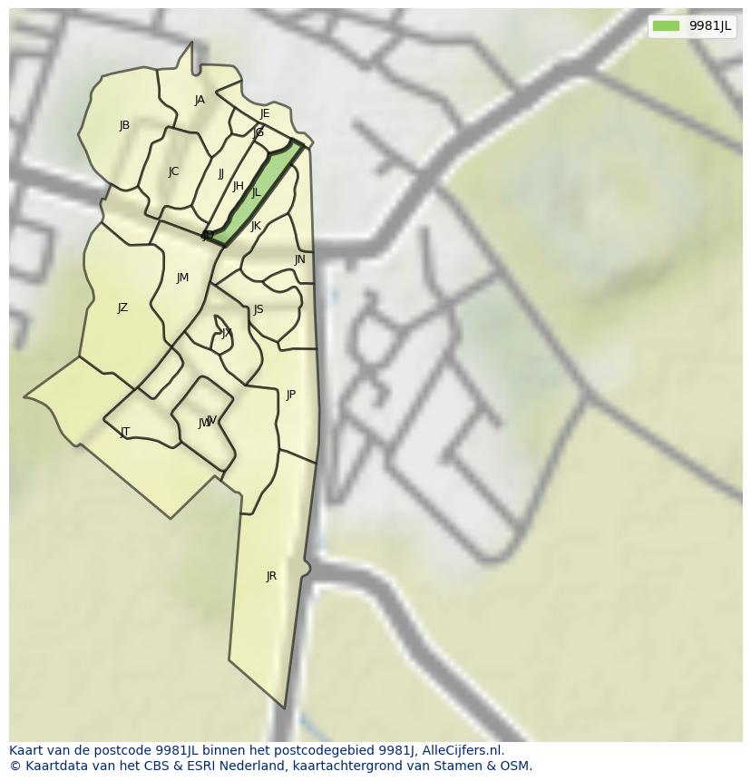 Afbeelding van het postcodegebied 9981 JL op de kaart.