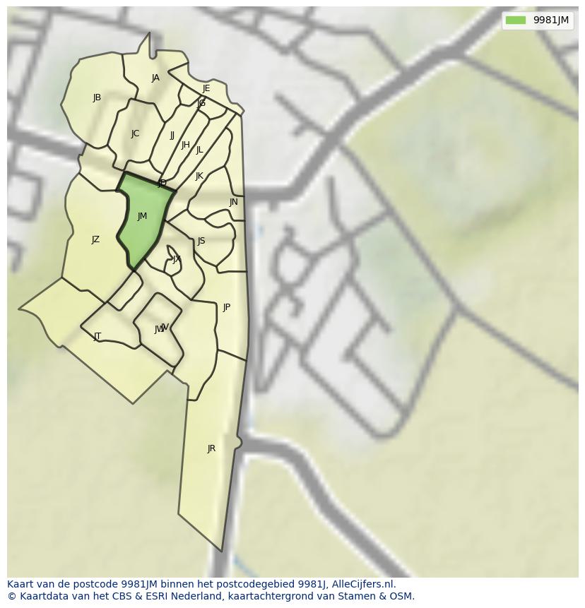 Afbeelding van het postcodegebied 9981 JM op de kaart.