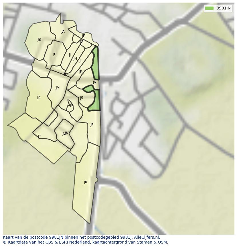 Afbeelding van het postcodegebied 9981 JN op de kaart.