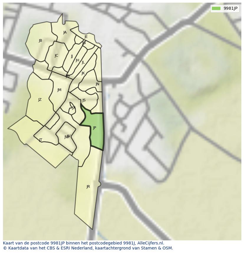 Afbeelding van het postcodegebied 9981 JP op de kaart.