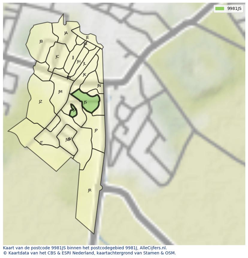 Afbeelding van het postcodegebied 9981 JS op de kaart.
