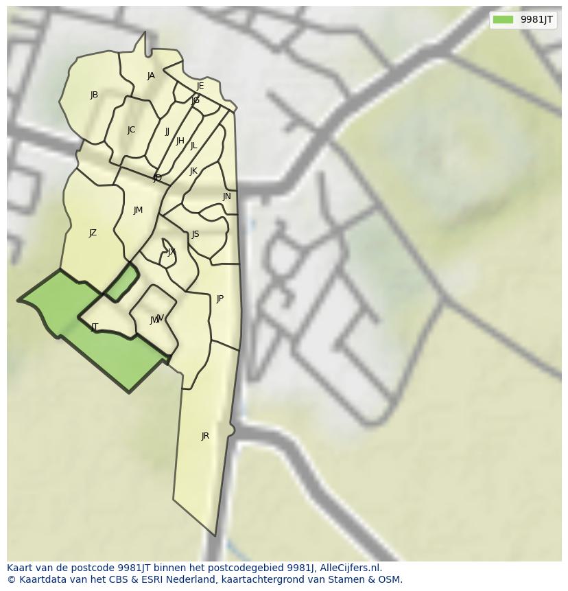 Afbeelding van het postcodegebied 9981 JT op de kaart.