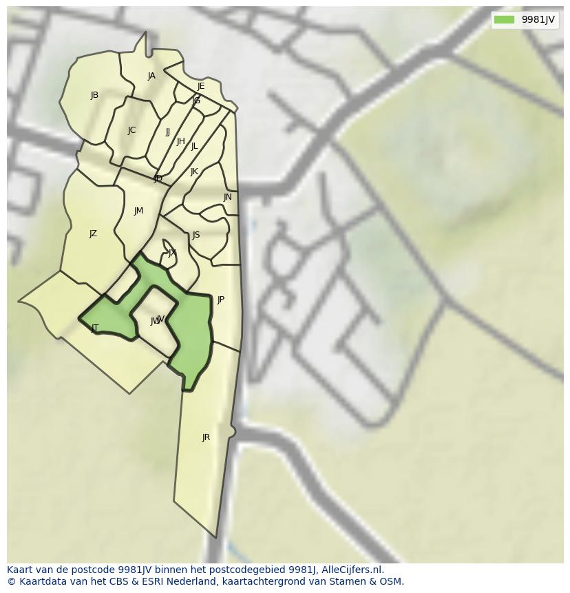 Afbeelding van het postcodegebied 9981 JV op de kaart.