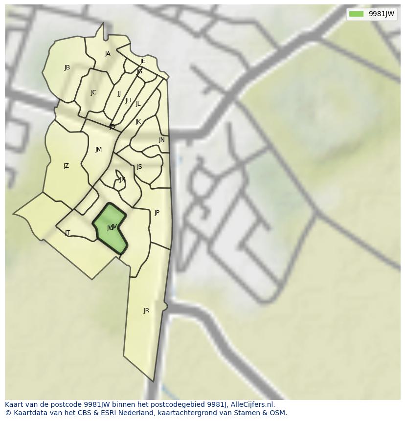 Afbeelding van het postcodegebied 9981 JW op de kaart.