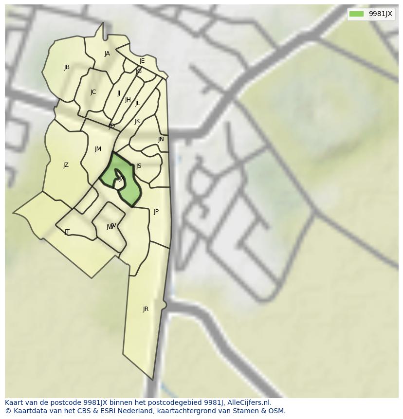 Afbeelding van het postcodegebied 9981 JX op de kaart.