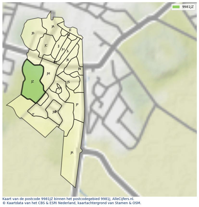 Afbeelding van het postcodegebied 9981 JZ op de kaart.