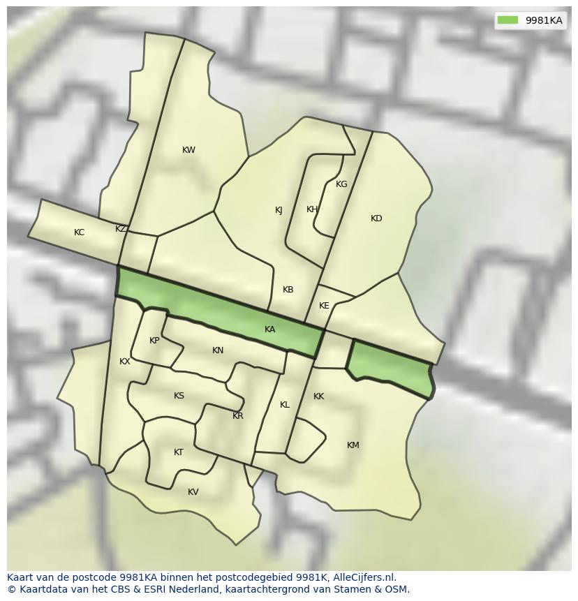 Afbeelding van het postcodegebied 9981 KA op de kaart.