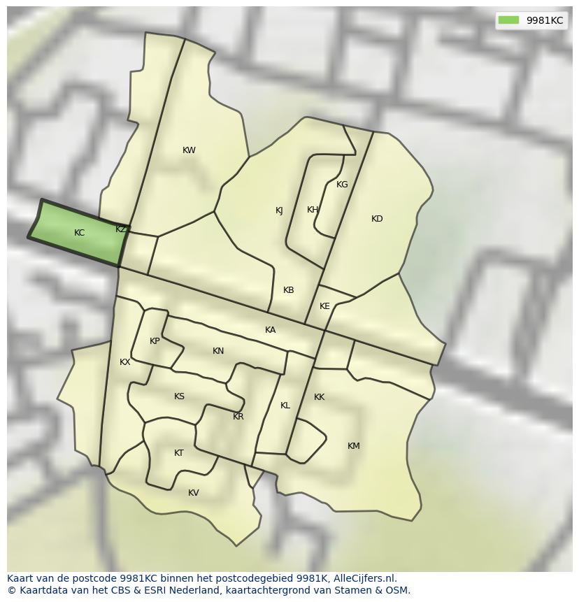 Afbeelding van het postcodegebied 9981 KC op de kaart.