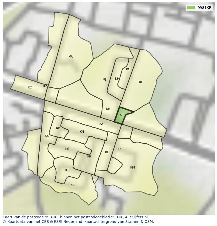 Afbeelding van het postcodegebied 9981 KE op de kaart.