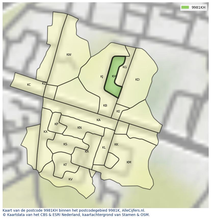 Afbeelding van het postcodegebied 9981 KH op de kaart.