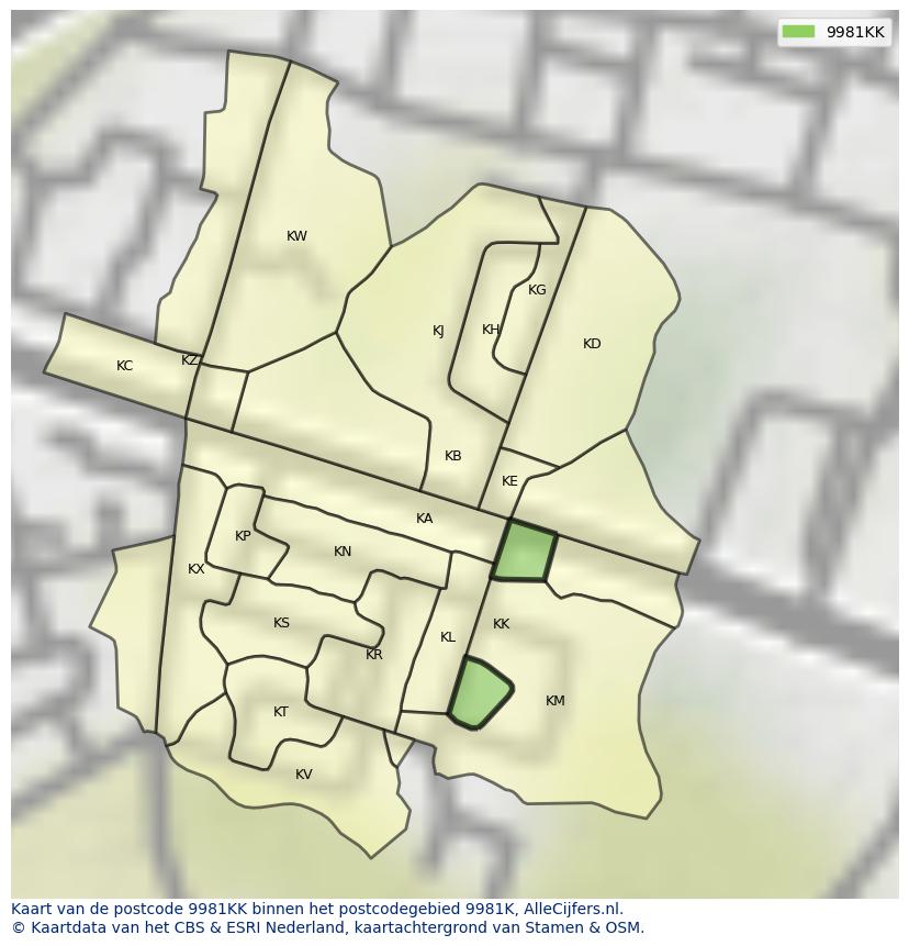 Afbeelding van het postcodegebied 9981 KK op de kaart.