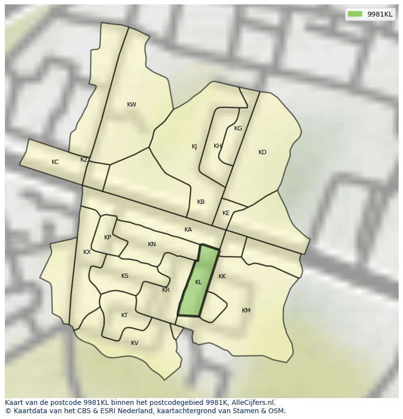 Afbeelding van het postcodegebied 9981 KL op de kaart.