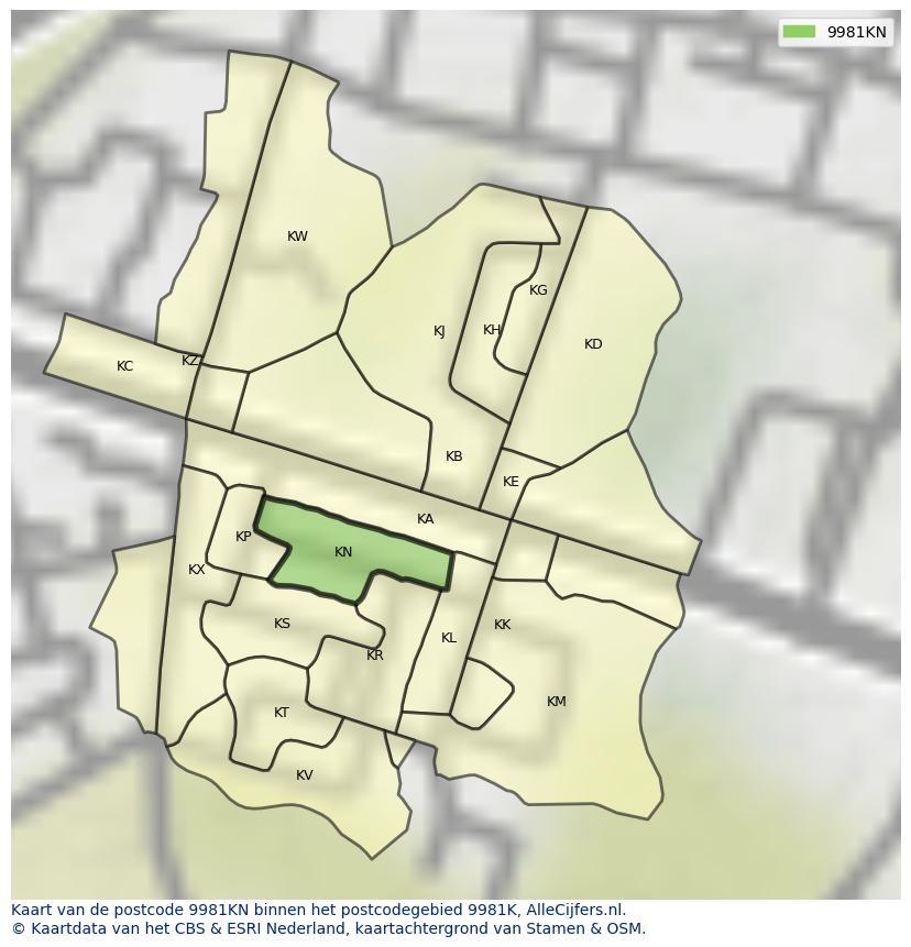 Afbeelding van het postcodegebied 9981 KN op de kaart.