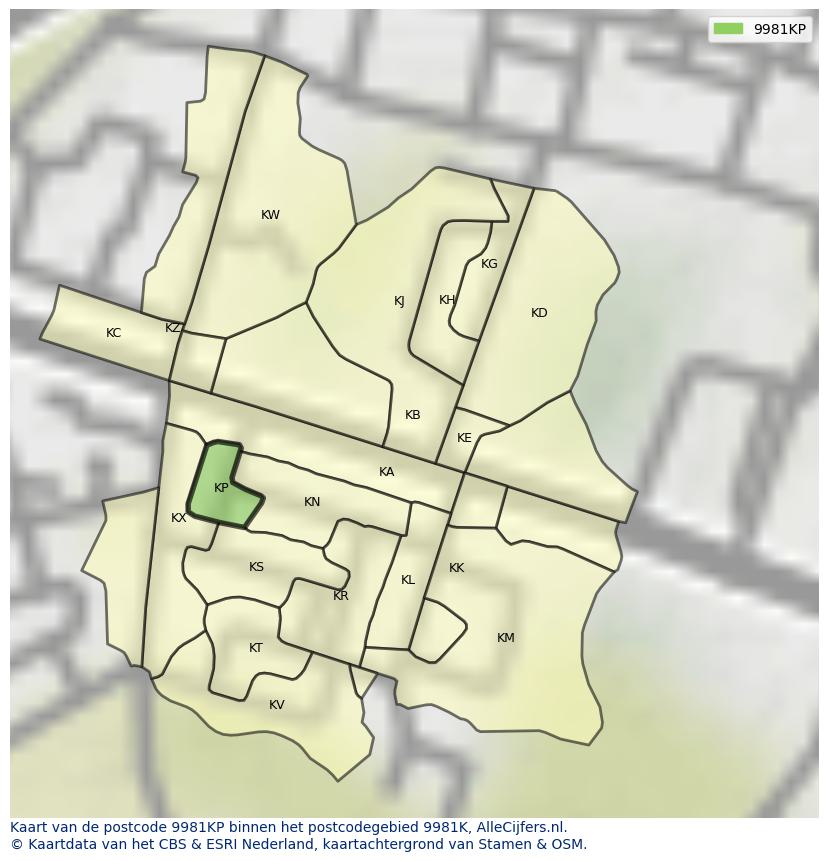 Afbeelding van het postcodegebied 9981 KP op de kaart.