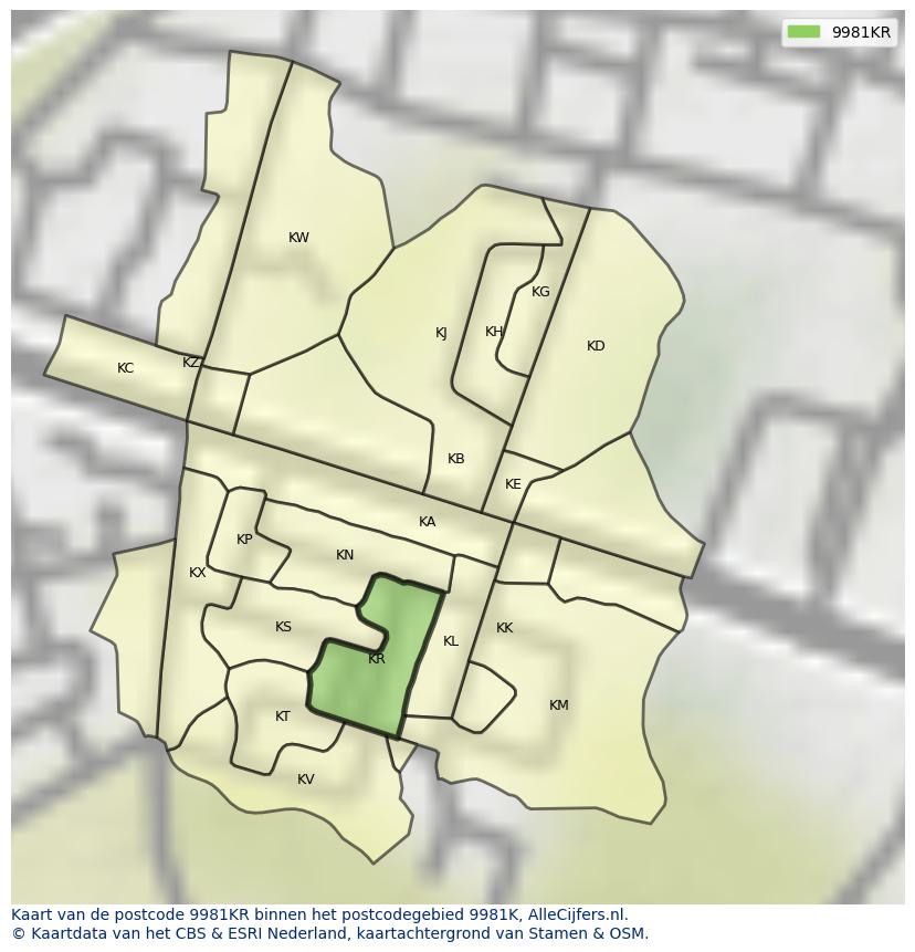 Afbeelding van het postcodegebied 9981 KR op de kaart.