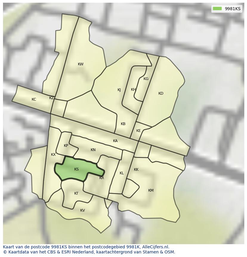 Afbeelding van het postcodegebied 9981 KS op de kaart.