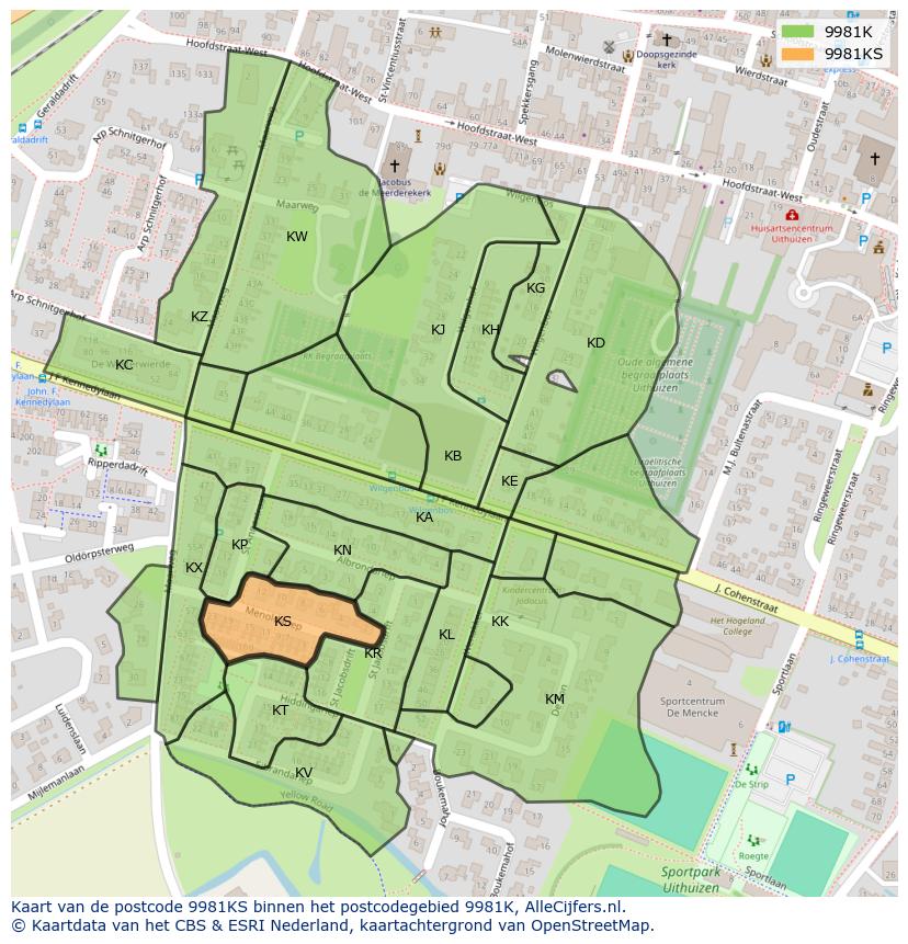 Afbeelding van het postcodegebied 9981 KS op de kaart.