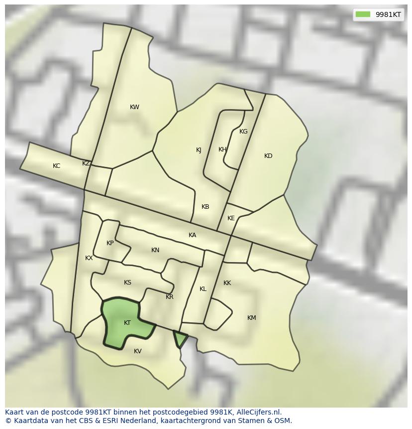 Afbeelding van het postcodegebied 9981 KT op de kaart.