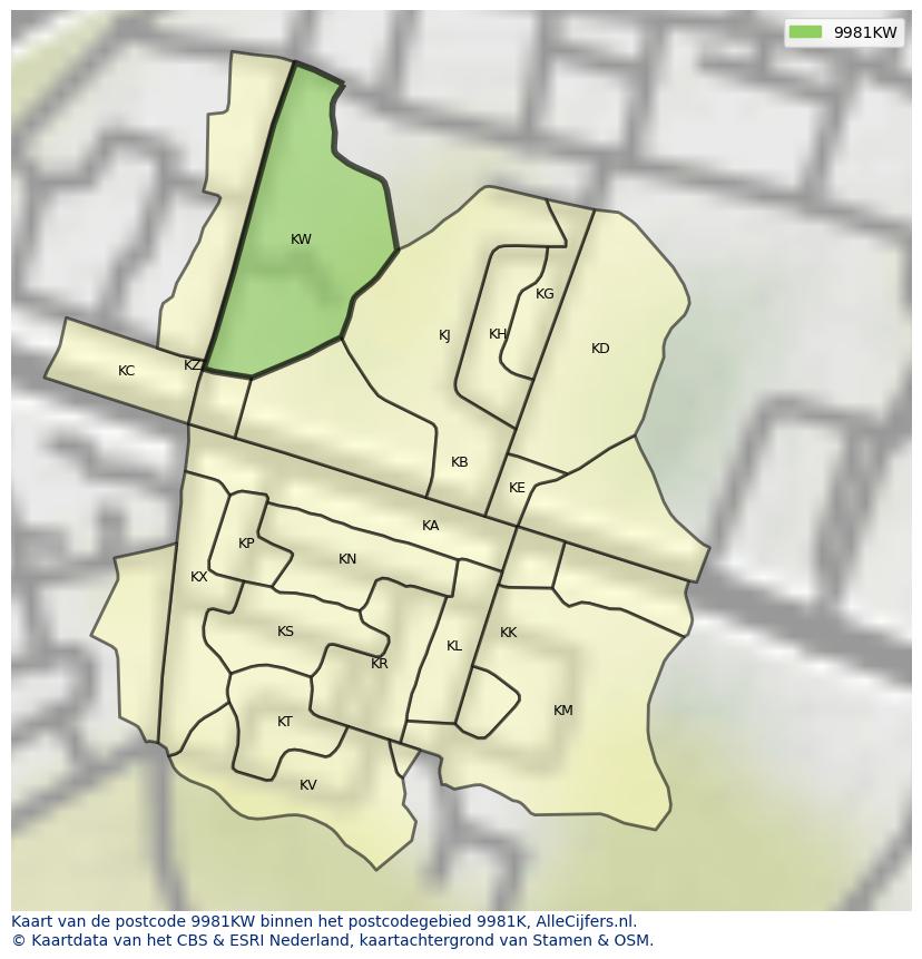 Afbeelding van het postcodegebied 9981 KW op de kaart.