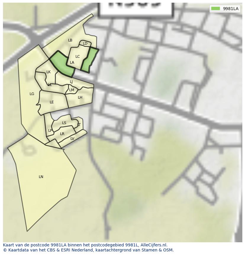 Afbeelding van het postcodegebied 9981 LA op de kaart.