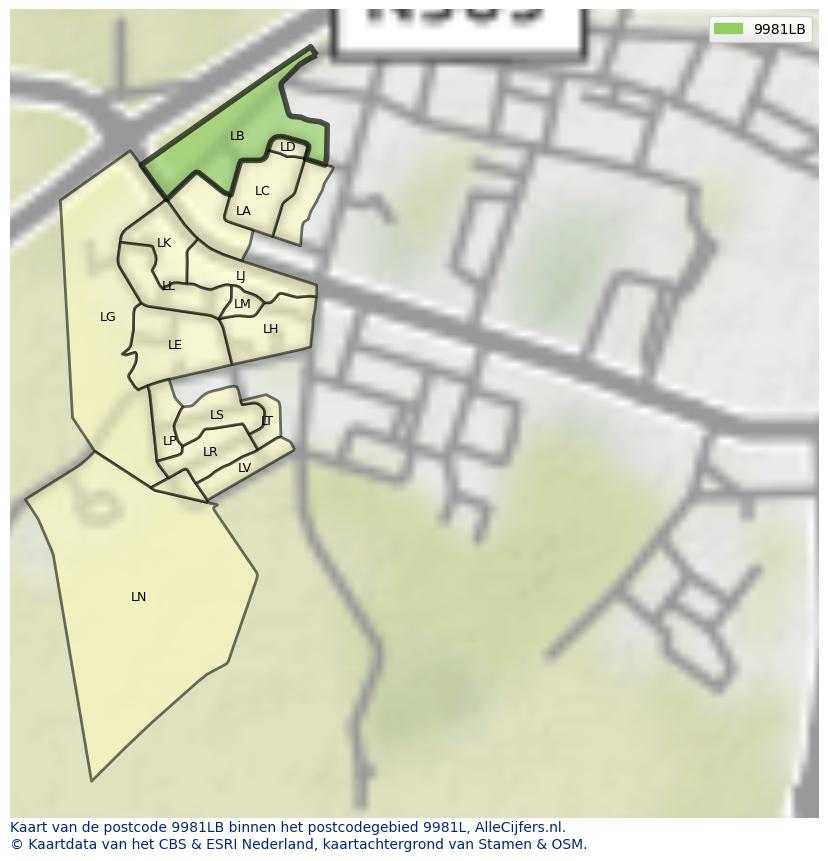Afbeelding van het postcodegebied 9981 LB op de kaart.