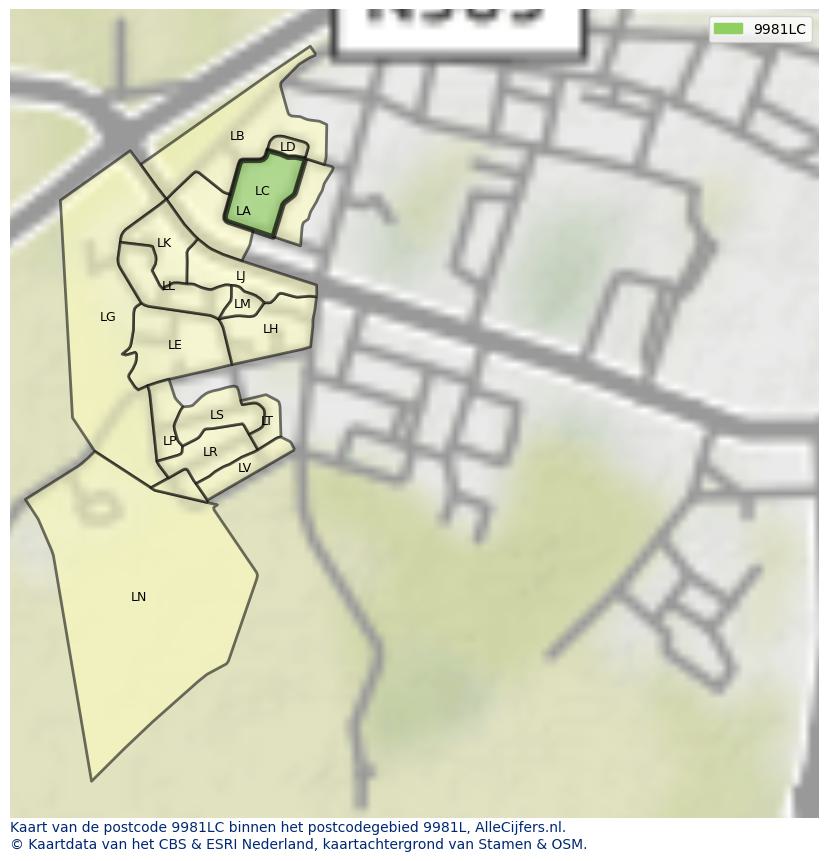 Afbeelding van het postcodegebied 9981 LC op de kaart.