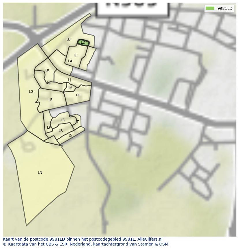 Afbeelding van het postcodegebied 9981 LD op de kaart.