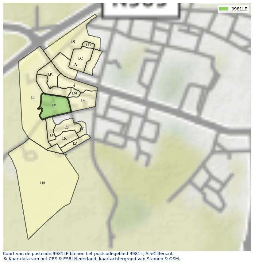 Afbeelding van het postcodegebied 9981 LE op de kaart.