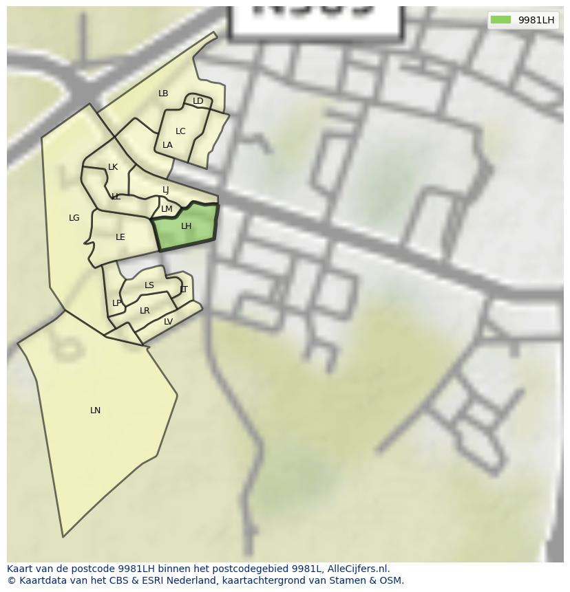Afbeelding van het postcodegebied 9981 LH op de kaart.