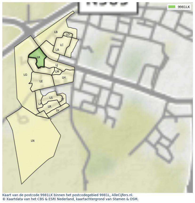 Afbeelding van het postcodegebied 9981 LK op de kaart.