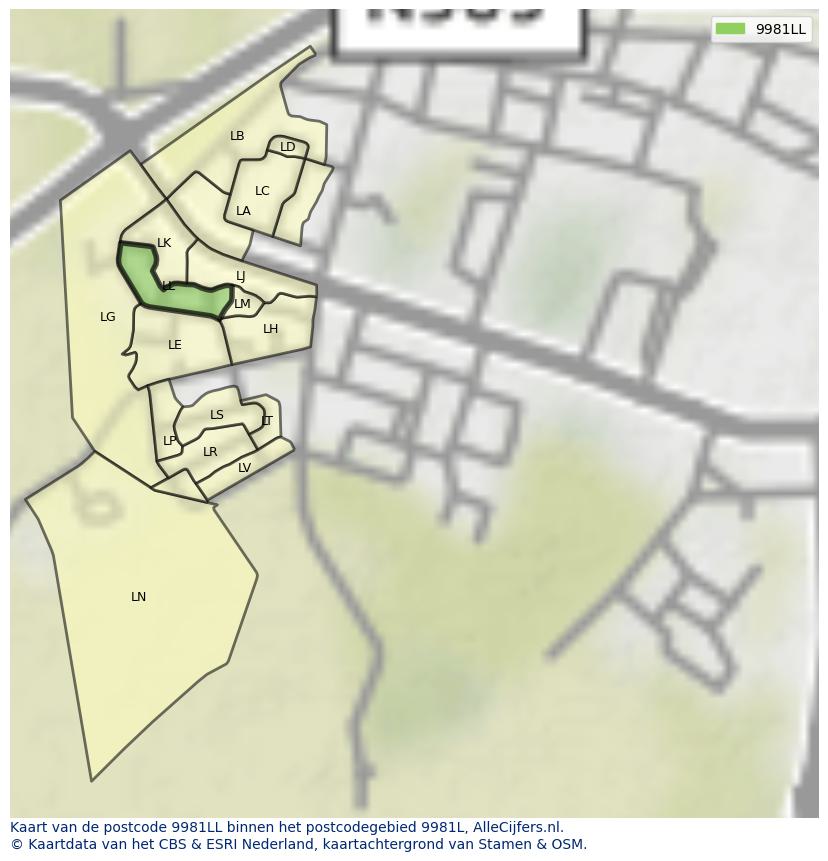 Afbeelding van het postcodegebied 9981 LL op de kaart.