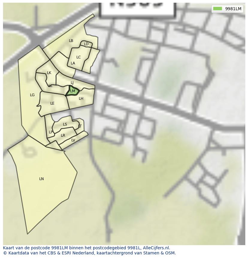 Afbeelding van het postcodegebied 9981 LM op de kaart.