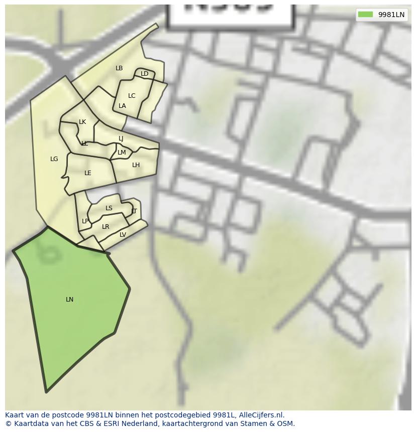 Afbeelding van het postcodegebied 9981 LN op de kaart.