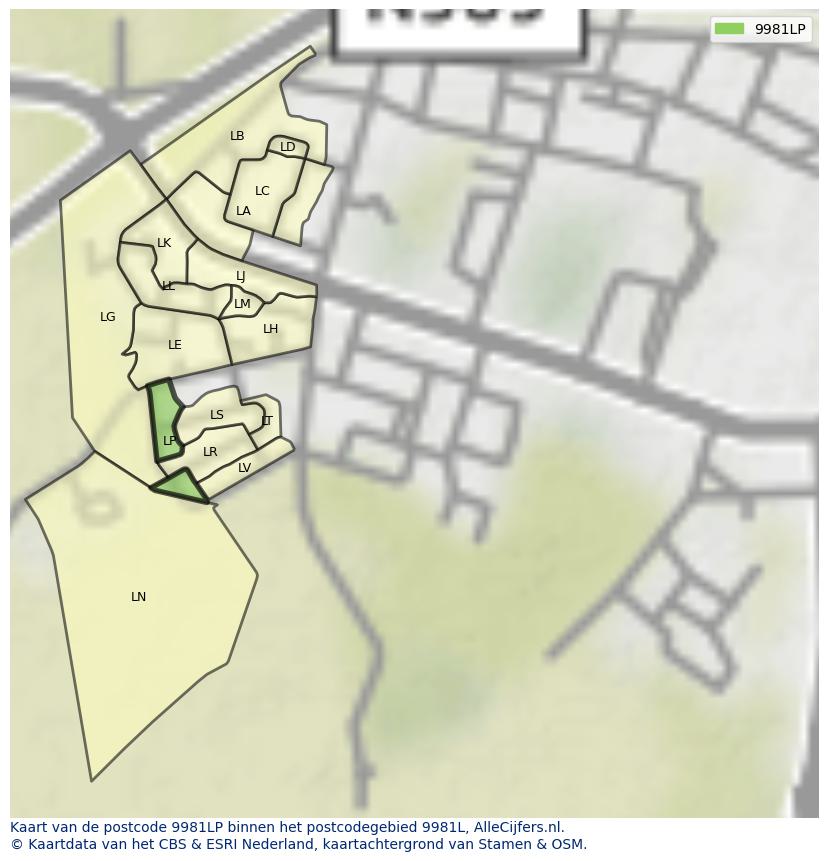 Afbeelding van het postcodegebied 9981 LP op de kaart.