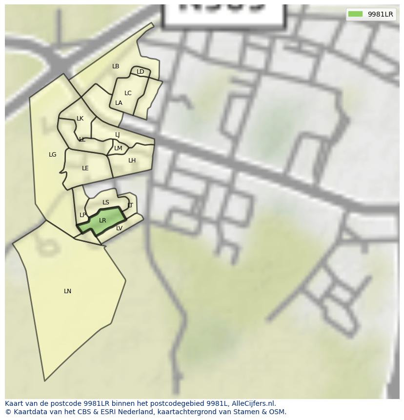 Afbeelding van het postcodegebied 9981 LR op de kaart.