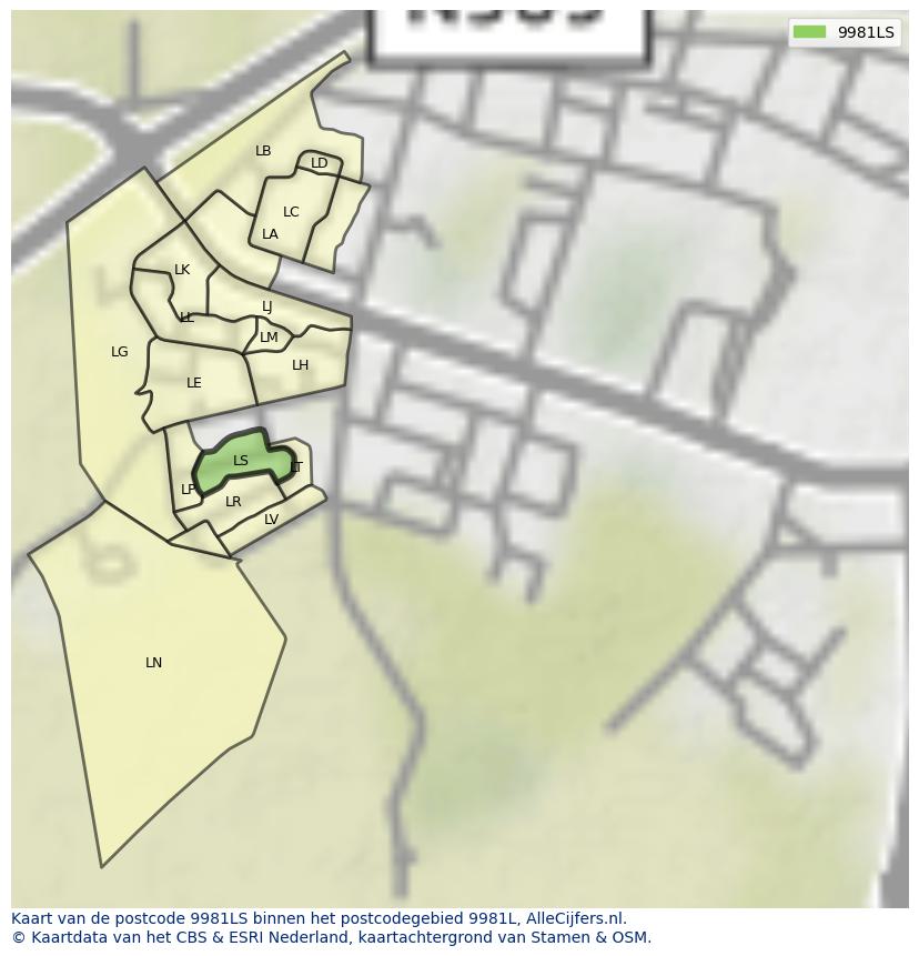 Afbeelding van het postcodegebied 9981 LS op de kaart.