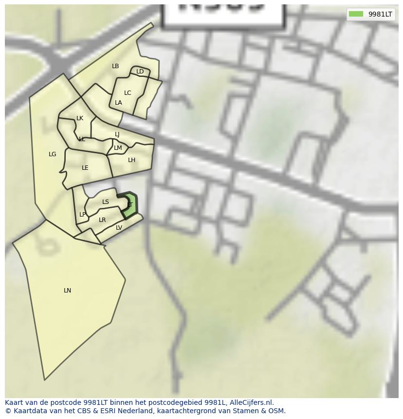 Afbeelding van het postcodegebied 9981 LT op de kaart.
