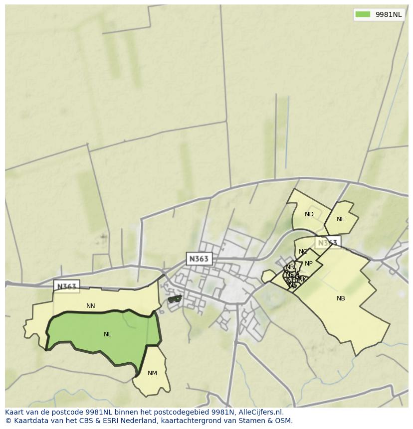 Afbeelding van het postcodegebied 9981 NL op de kaart.
