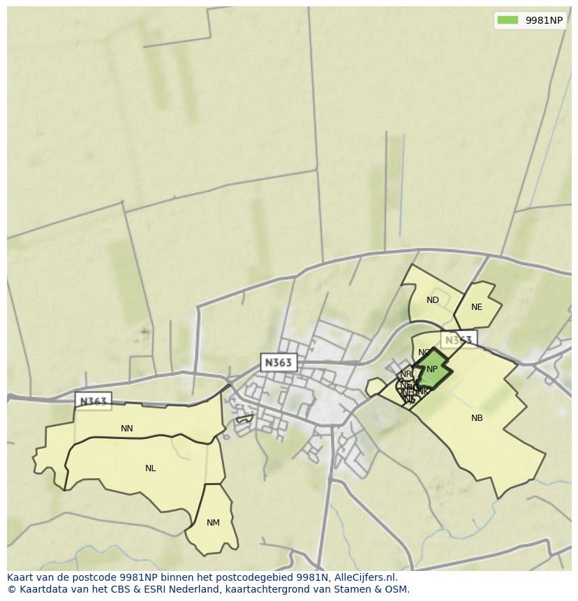 Afbeelding van het postcodegebied 9981 NP op de kaart.