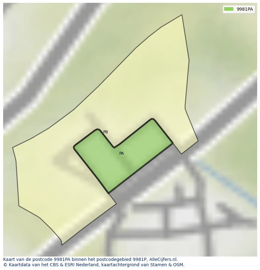 Afbeelding van het postcodegebied 9981 PA op de kaart.