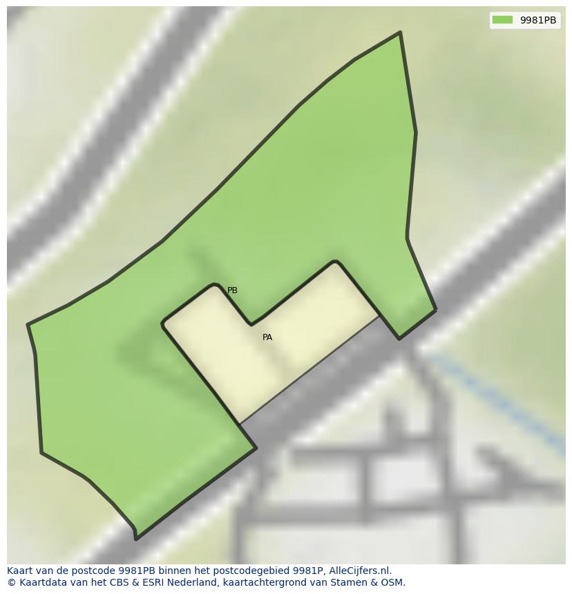 Afbeelding van het postcodegebied 9981 PB op de kaart.