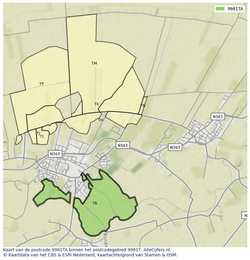 Afbeelding van het postcodegebied 9981 TA op de kaart.