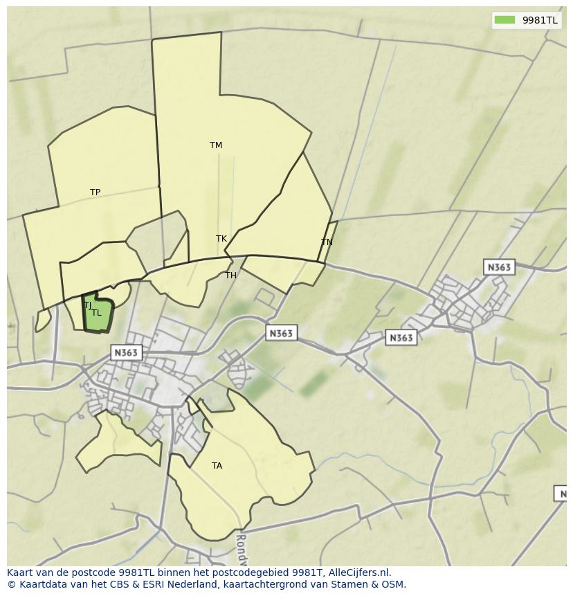 Afbeelding van het postcodegebied 9981 TL op de kaart.