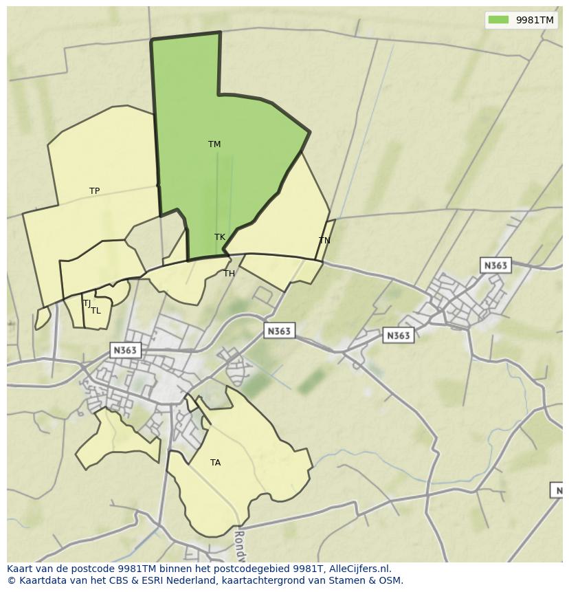 Afbeelding van het postcodegebied 9981 TM op de kaart.