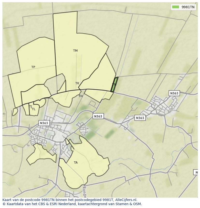 Afbeelding van het postcodegebied 9981 TN op de kaart.